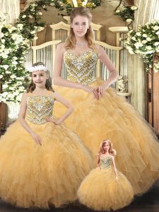 Custom Made Champagne Sleeveless Organza Lace Up Quinceanera Dress for Military Ball and Sweet 16 and Quinceanera