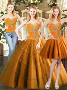 Fancy Orange Red Ball Gowns Sweetheart Sleeveless Tulle Floor Length Lace Up Beading Sweet 16 Dresses