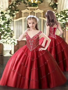 Customized Beading and Appliques Pageant Dress Wholesale Red Lace Up Sleeveless Floor Length