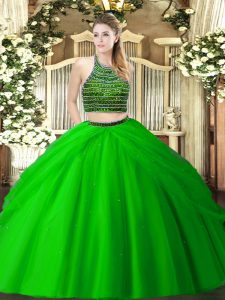 Floor Length Green Quinceanera Dresses Halter Top Sleeveless Zipper