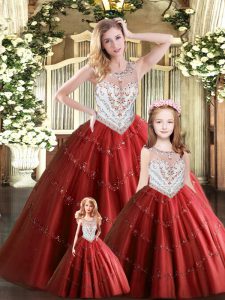 Colorful Beading Vestidos de Quinceanera Wine Red Lace Up Sleeveless Floor Length
