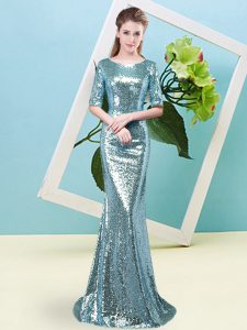 Baby Blue Half Sleeves Sequined Zipper Prom Gown for Prom and Party