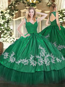 Artistic Sleeveless Taffeta Floor Length Zipper 15th Birthday Dress in Dark Green with Beading and Appliques
