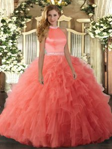 Stylish Orange Red Ball Gowns Beading and Ruffles Sweet 16 Quinceanera Dress Backless Organza Sleeveless Floor Length