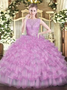 Affordable Lilac Tulle Backless 15 Quinceanera Dress Sleeveless Floor Length Beading and Ruffled Layers