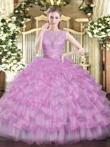 Affordable Lilac Tulle Backless 15 Quinceanera Dress Sleeveless Floor Length Beading and Ruffled Layers