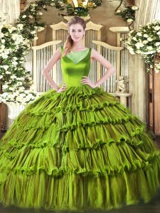 Glittering Scoop Sleeveless Quinceanera Dress Floor Length Beading and Ruffled Layers Olive Green Organza