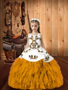Floor Length Gold Child Pageant Dress Organza Sleeveless Embroidery and Ruffles