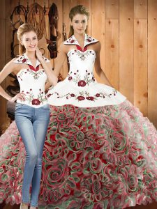 Multi-color Ball Gowns Embroidery Quinceanera Gown Lace Up Fabric With Rolling Flowers Sleeveless