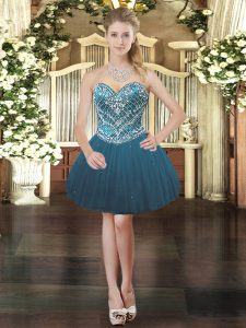Sleeveless Tulle Mini Length Lace Up Prom Dress in Teal with Beading