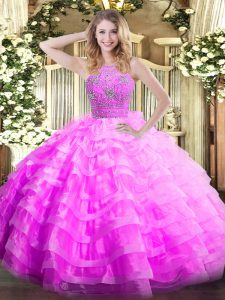 Modern Halter Top Sleeveless Ball Gown Prom Dress Floor Length Ruffled Layers Lilac Organza