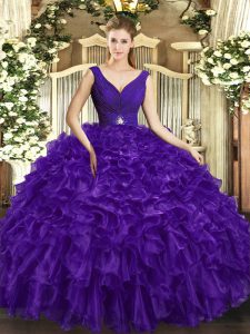Popular Organza Sleeveless Floor Length Quinceanera Dresses and Beading and Ruffles