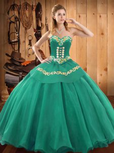 Sweetheart Sleeveless 15th Birthday Dress Floor Length Embroidery Turquoise Satin and Tulle