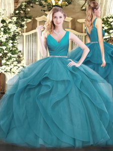 Chic Teal Ball Gowns V-neck Sleeveless Tulle Floor Length Zipper Beading and Ruffles Quinceanera Dresses