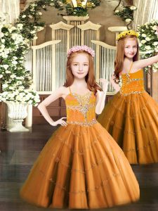Orange Little Girls Pageant Gowns Party with Beading Spaghetti Straps Sleeveless Lace Up