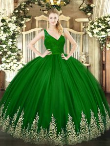 Green Backless V-neck Beading and Lace and Appliques Quinceanera Gowns Tulle Sleeveless