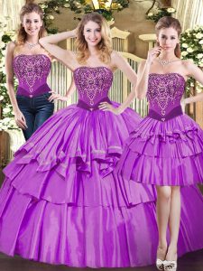 Sumptuous Eggplant Purple Sleeveless Tulle Lace Up Quinceanera Gown for Military Ball and Sweet 16 and Quinceanera