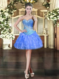 Custom Fit Mini Length Blue Prom Dresses Organza Sleeveless Beading and Ruffles