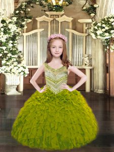 Dramatic Floor Length Ball Gowns Sleeveless Olive Green Kids Pageant Dress Lace Up
