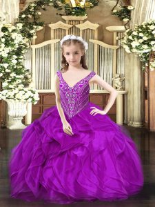 Modern Purple Ball Gowns Organza V-neck Sleeveless Beading and Ruffles Floor Length Lace Up Girls Pageant Dresses