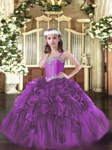 Wonderful Fuchsia Ball Gowns Straps Sleeveless Organza Floor Length Lace Up Beading and Ruffles Little Girls Pageant Gowns