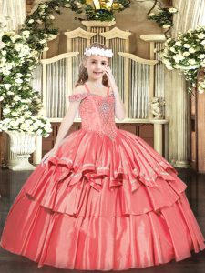 Coral Red Ball Gowns Organza Off The Shoulder Sleeveless Beading and Ruffled Layers Floor Length Lace Up Pageant Dresses