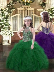 High Quality Beading and Ruffles Little Girls Pageant Dress Dark Green Lace Up Sleeveless Floor Length