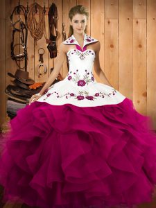 Tulle Halter Top Sleeveless Lace Up Embroidery and Ruffles Sweet 16 Dresses in Fuchsia