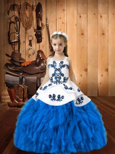 Affordable Blue Ball Gowns Straps Sleeveless Organza Floor Length Lace Up Embroidery and Ruffles Custom Made Pageant Dress