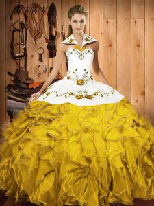 Ideal Floor Length Gold Quinceanera Gown Satin and Organza Sleeveless Embroidery and Ruffles