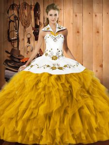 Trendy Gold Sleeveless Floor Length Embroidery and Ruffles Lace Up Ball Gown Prom Dress