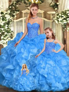 Gorgeous Baby Blue Ball Gowns Sweetheart Sleeveless Organza Floor Length Lace Up Beading and Ruffles 15th Birthday Dress