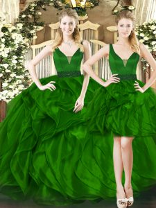Great Dark Green Straps Neckline Beading and Ruffles Quinceanera Dress Sleeveless Lace Up
