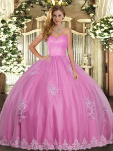 Super Tulle Sweetheart Sleeveless Lace Up Beading and Appliques Quinceanera Dresses in Rose Pink
