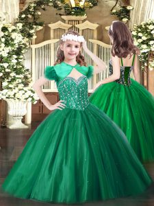 Dark Green Lace Up Pageant Gowns For Girls Beading Sleeveless Floor Length