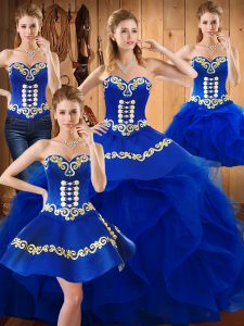 Elegant Blue Satin and Organza Lace Up Vestidos de Quinceanera Sleeveless Floor Length Embroidery and Ruffles