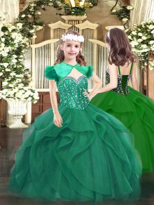 Beading and Ruffles Pageant Dress for Girls Dark Green Lace Up Sleeveless Floor Length