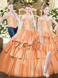 Nice Orange Red Off The Shoulder Lace Up Beading and Ruffled Layers Sweet 16 Dresses Sleeveless
