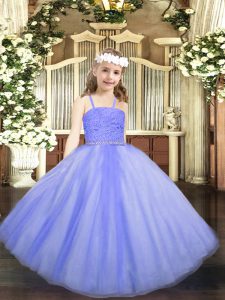 Lavender Zipper Straps Beading and Lace Little Girls Pageant Dress Tulle Sleeveless