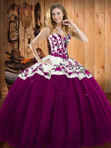 Designer Fuchsia Lace Up Sweetheart Embroidery Sweet 16 Dress Satin and Tulle Sleeveless