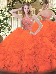 Sleeveless Tulle Floor Length Zipper Quinceanera Gowns in Orange Red with Beading and Ruffles