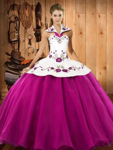 Adorable Fuchsia Ball Gowns Embroidery Quince Ball Gowns Lace Up Satin and Tulle Sleeveless Floor Length