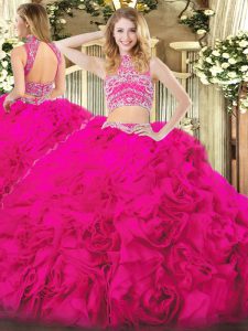 Custom Design Hot Pink Backless High-neck Beading and Ruffles Quinceanera Dresses Tulle Sleeveless