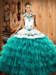 Turquoise Sleeveless Floor Length Embroidery and Ruffled Layers Lace Up Sweet 16 Dress