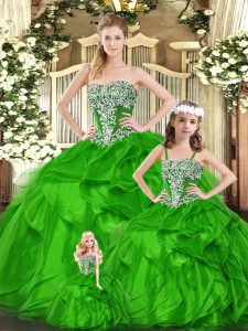 Fancy Beading and Ruffles Vestidos de Quinceanera Green Lace Up Sleeveless Floor Length