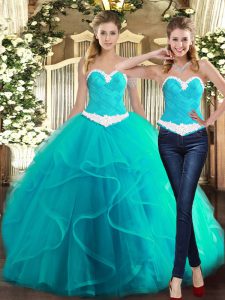 Tulle Sweetheart Sleeveless Lace Up Ruffles Quince Ball Gowns in Baby Blue