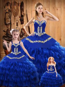 Blue Satin and Organza Lace Up Quince Ball Gowns Sleeveless Floor Length Embroidery and Ruffled Layers