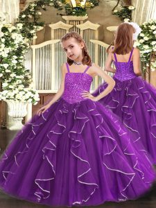 Simple Purple High School Pageant Dress Party and Sweet 16 and Quinceanera and Wedding Party with Beading and Ruffles Straps Sleeveless Lace Up