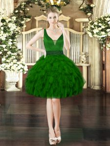 Dark Green Ball Gowns V-neck Sleeveless Organza Mini Length Lace Up Beading and Ruffles Dress for Prom