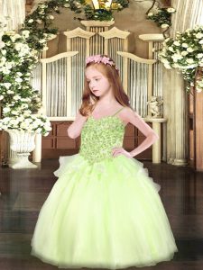 Yellow Green Ball Gowns Spaghetti Straps Sleeveless Organza Floor Length Lace Up Appliques Child Pageant Dress